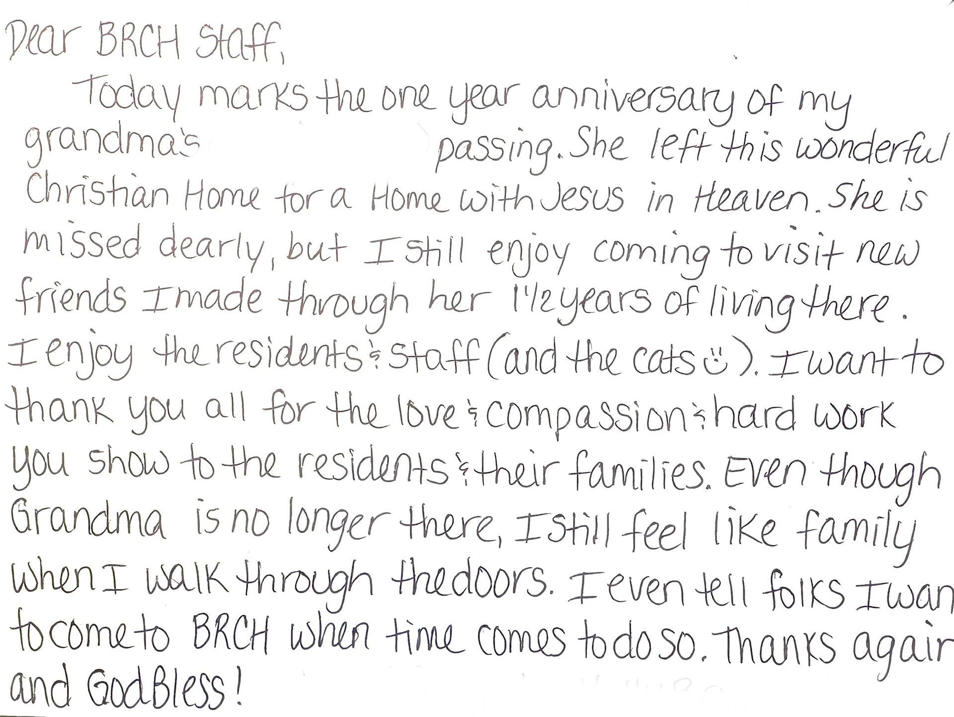 Handwritten letter to BRCH staff on the anniversary of grandma's passing, thanking them for their love and care.