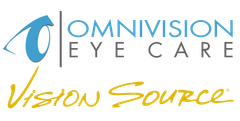 The omnivision eye care vision source logo is blue and yellow.
