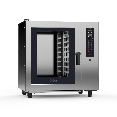 A stainless steel commercial convection oven with a black door on a white background.