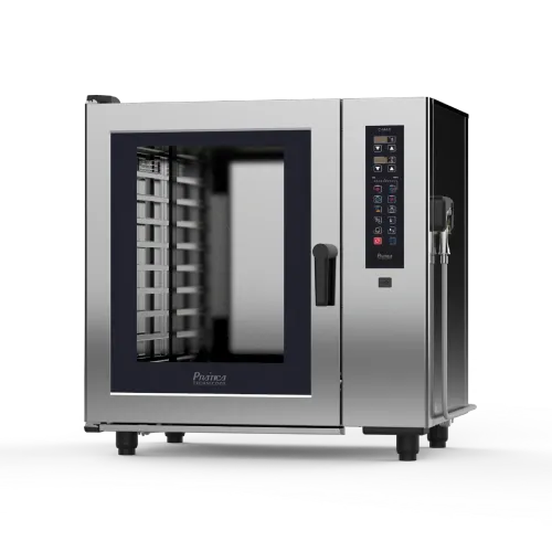 A stainless steel convection oven with a glass door on a white background.