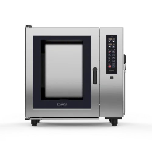 A stainless steel oven with a glass door on a white background.