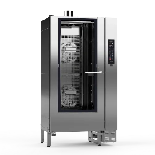 A stainless steel oven with a glass door on a white background.