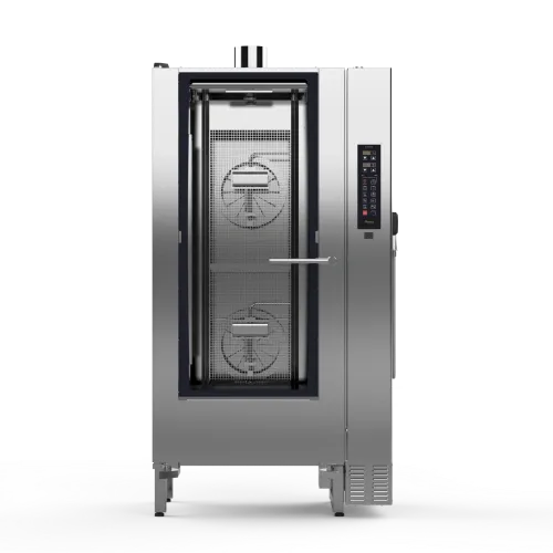 A stainless steel oven is sitting on a white surface.