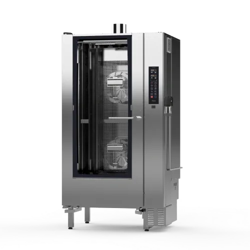 A stainless steel oven with a glass door on a white background.