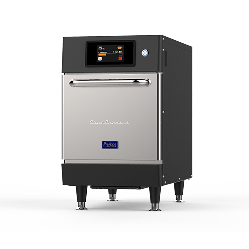 A stainless steel commercial oven with a touchscreen on top of it.