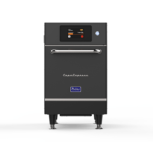 A black oven is sitting on a white surface.