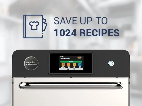 A stainless steel oven with a screen that says save up to 1024 recipes.