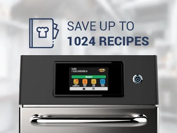 A stainless steel oven with a screen that says save up to 1024 recipes