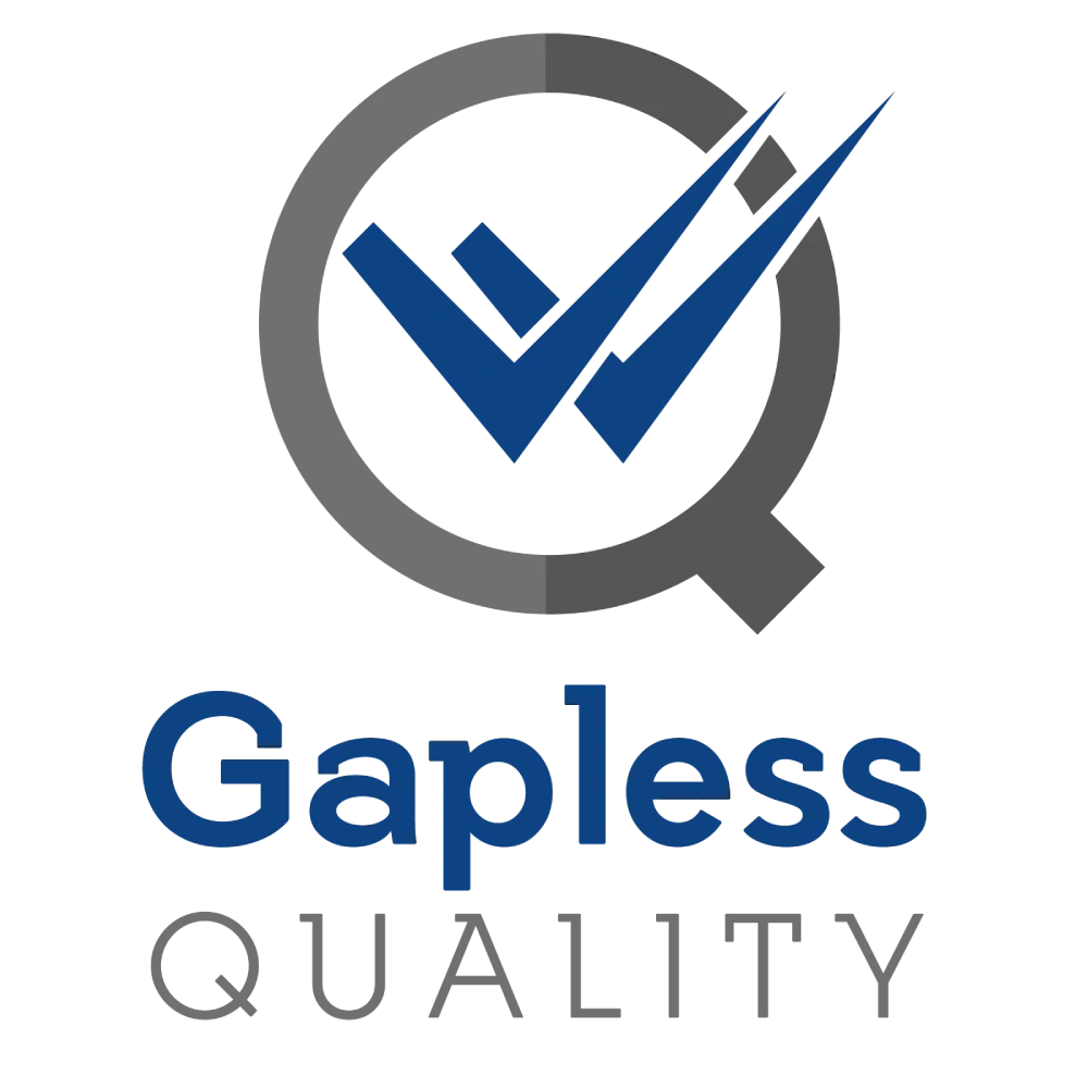 A logo for gapless quality with a check mark in a magnifying glass.