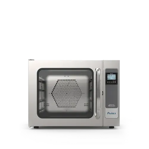 A stainless steel microwave oven with a glass door on a white background.