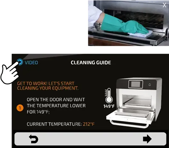 A cleaning guide shows how to clean an oven
