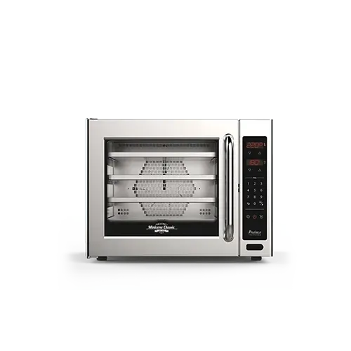 A stainless steel oven with a digital display on a white background.