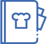 Blue cookbook with chef's hat icon on cover; pages peeking out.