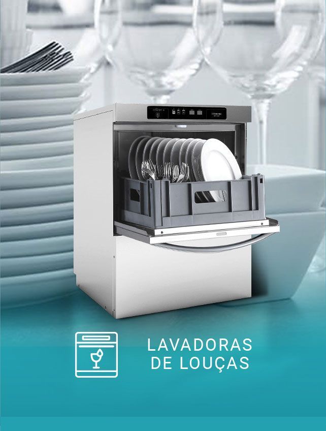 A dishwasher is sitting on a counter next to a stack of plates and glasses.