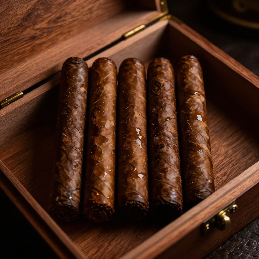 Full and bold cigars on mahogany humidor