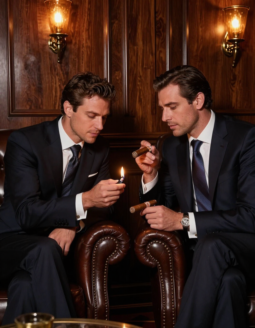 Cigar lounge social etiquette, gentlemen sharing a light