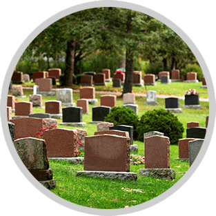 Rows of gravestones in a green cemetery under trees