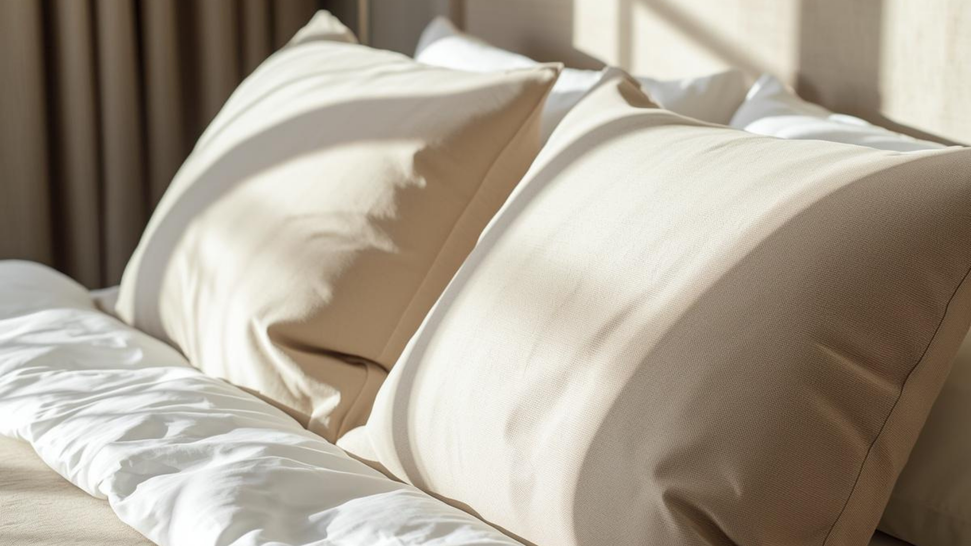 White pillows and bedding on a neatly made bed in warm sunlight