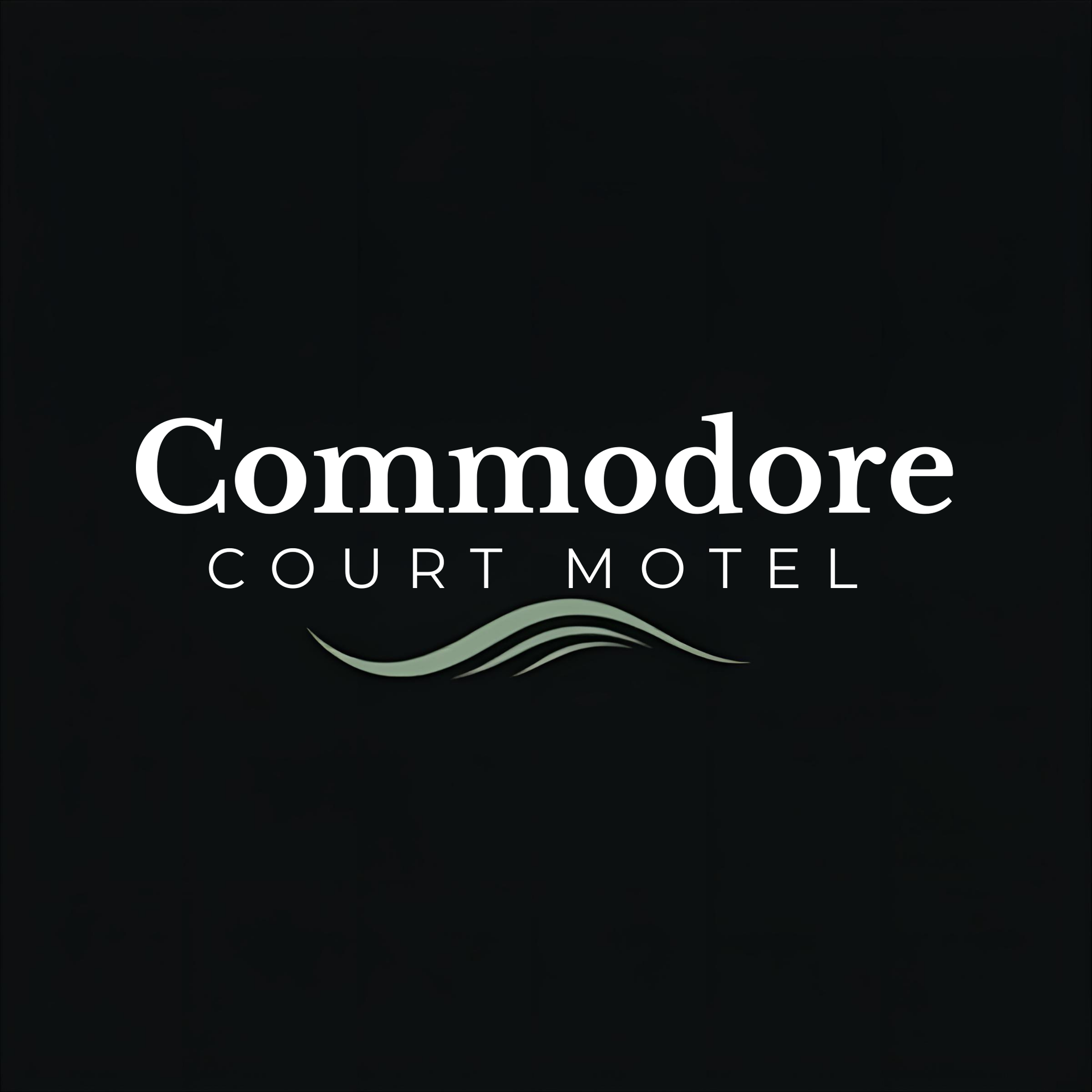 Commodore Court Motel logo on black background with white text and a green wave accent