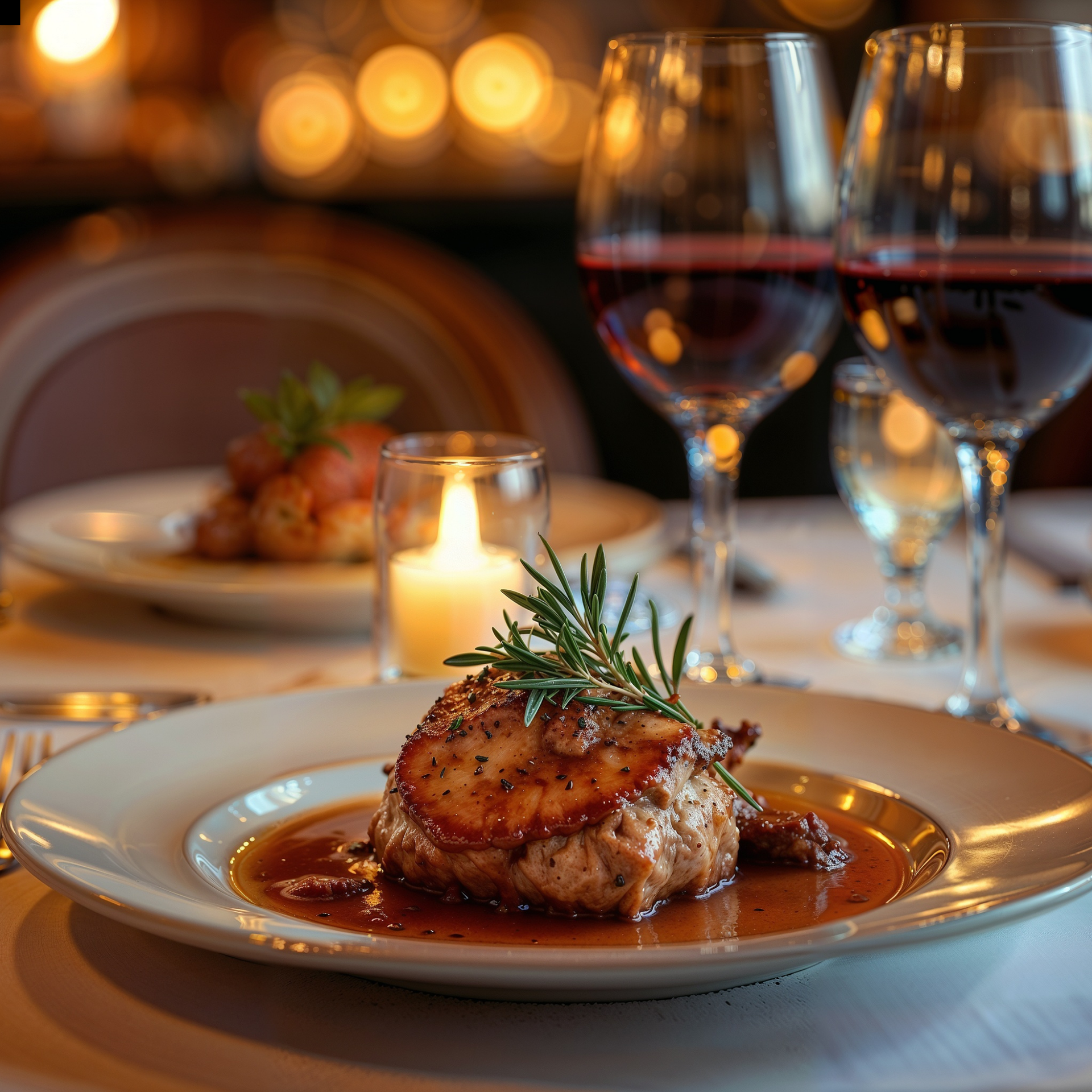 Elegant plated steak with rosemary and sauce on a candlelit fine-dining table, with wine glasses in the background