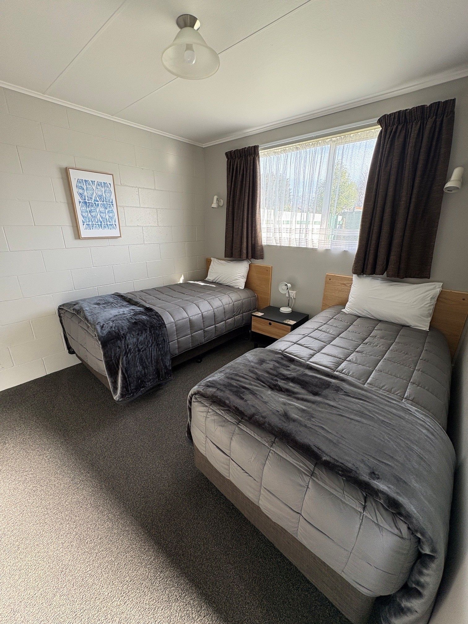 Small bedroom with two single beds, dark blankets, a window, and gray carpet.