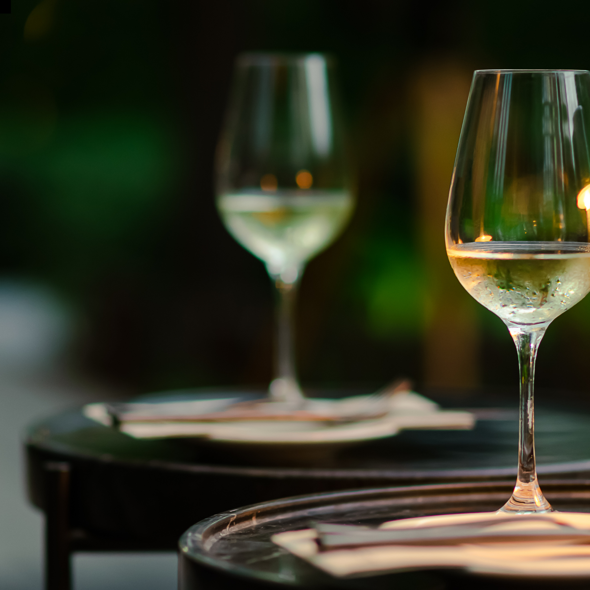 Two wine glasses on a dimly lit table with soft green background bokeh