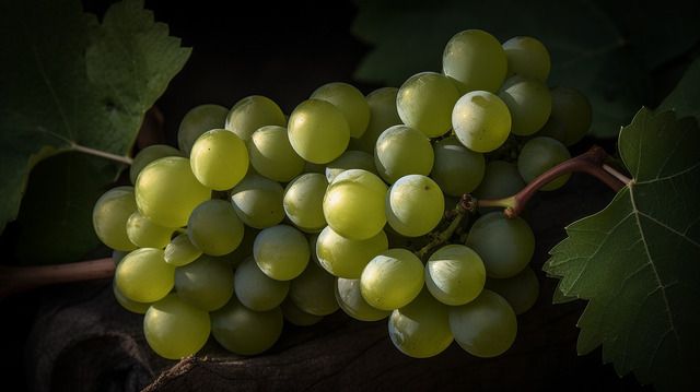 Cluster of green grapes on a vine with leaves against a dark background