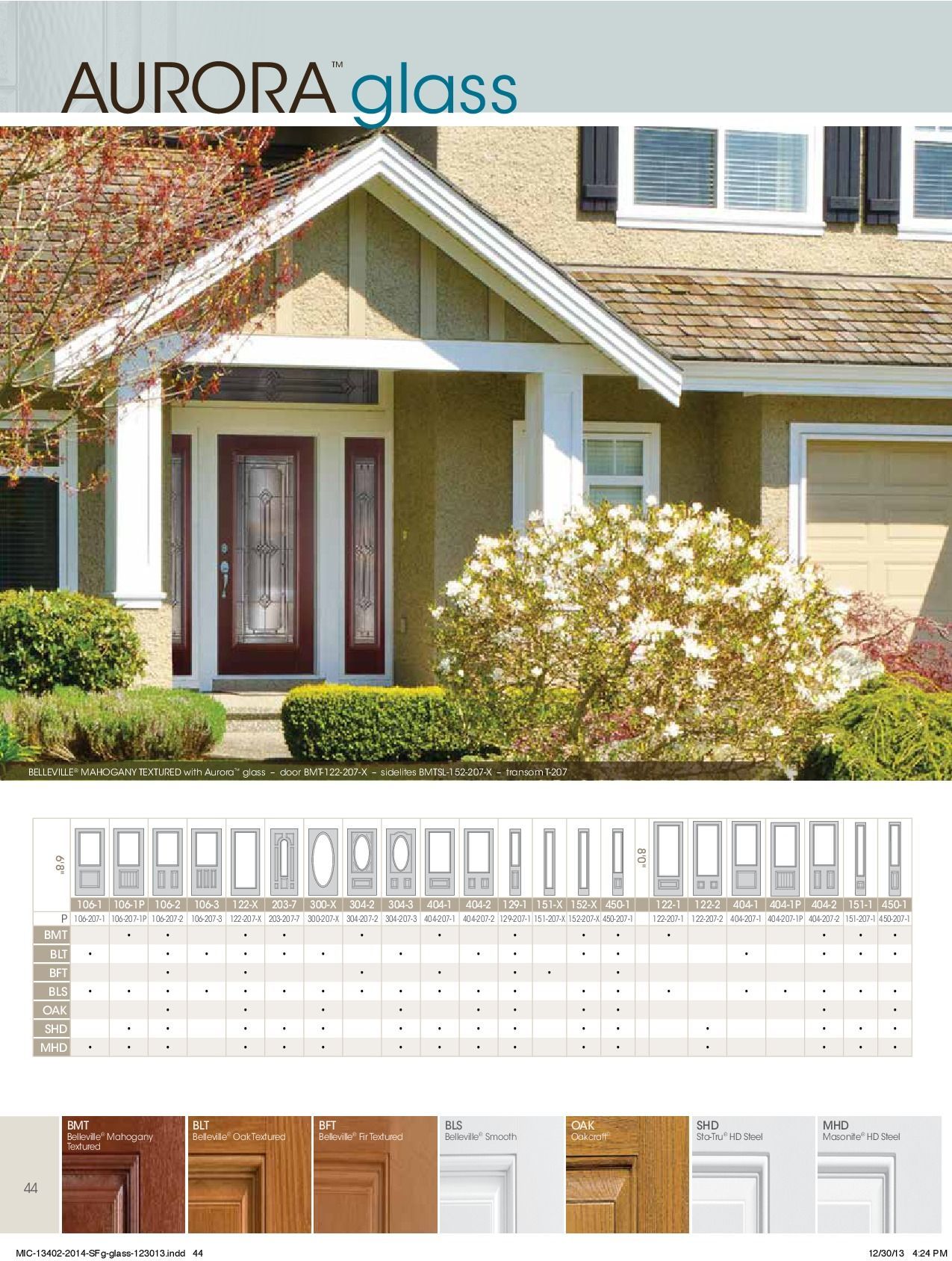 Front door with glass panels, Aurora glass advertisement. Example house with multiple door styles and colors.