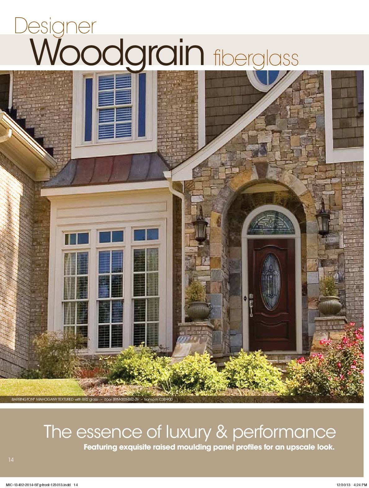 Front door entrance of a house with stone arch and a brown door; the cover of a brochure about