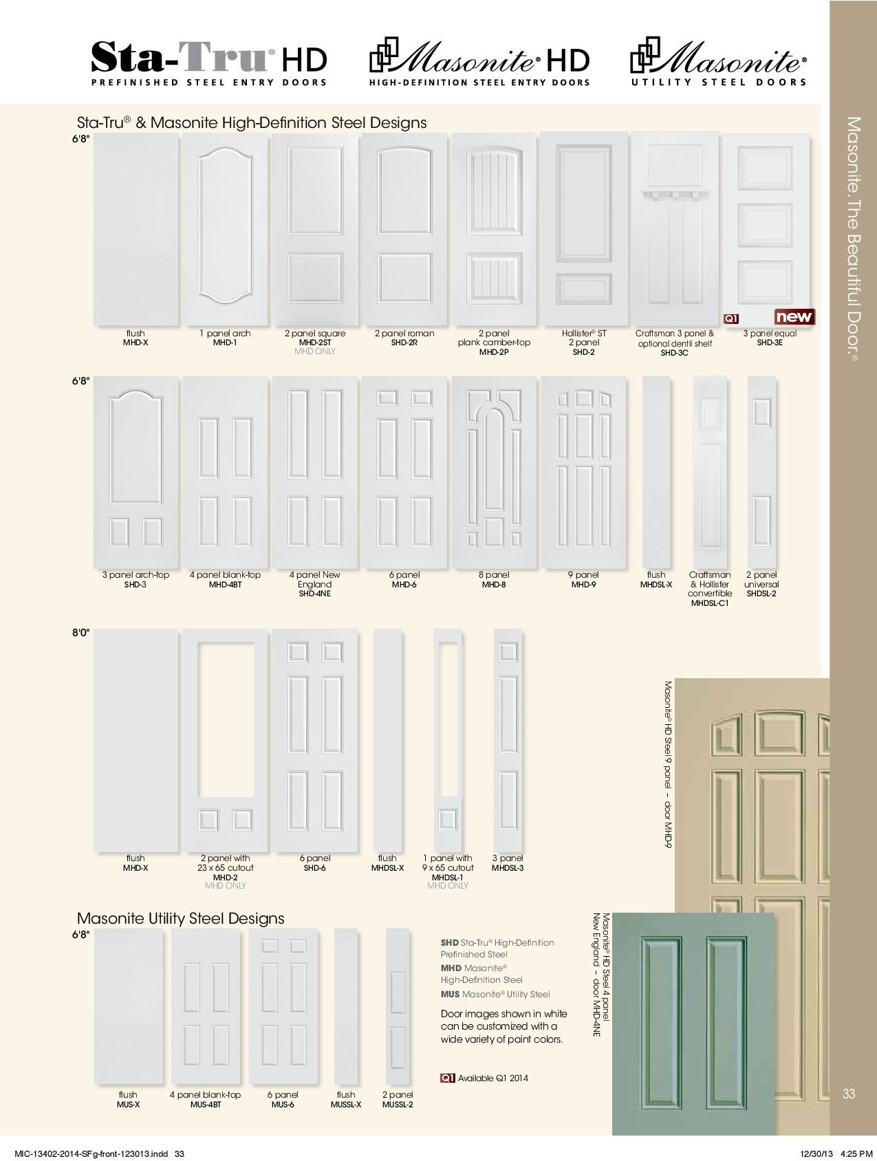 Catalog page of Sta-Tru HD doors with different styles and designs, white and green.