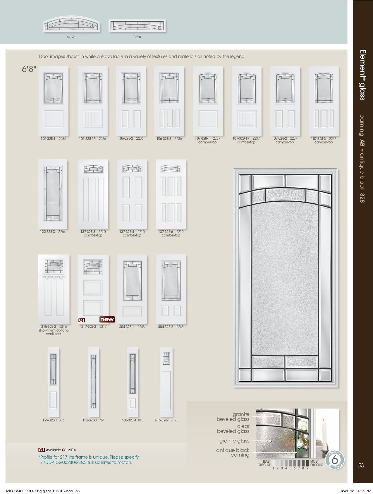 A brochure page showcasing various white entry doors with different glass designs.