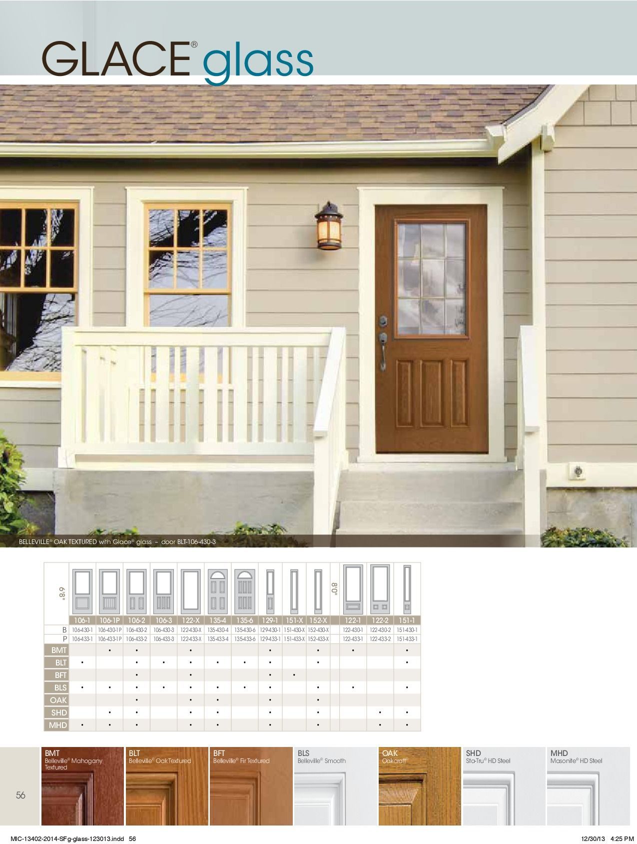 Exterior of a house with a Glace glass door and windows; various door designs are shown.