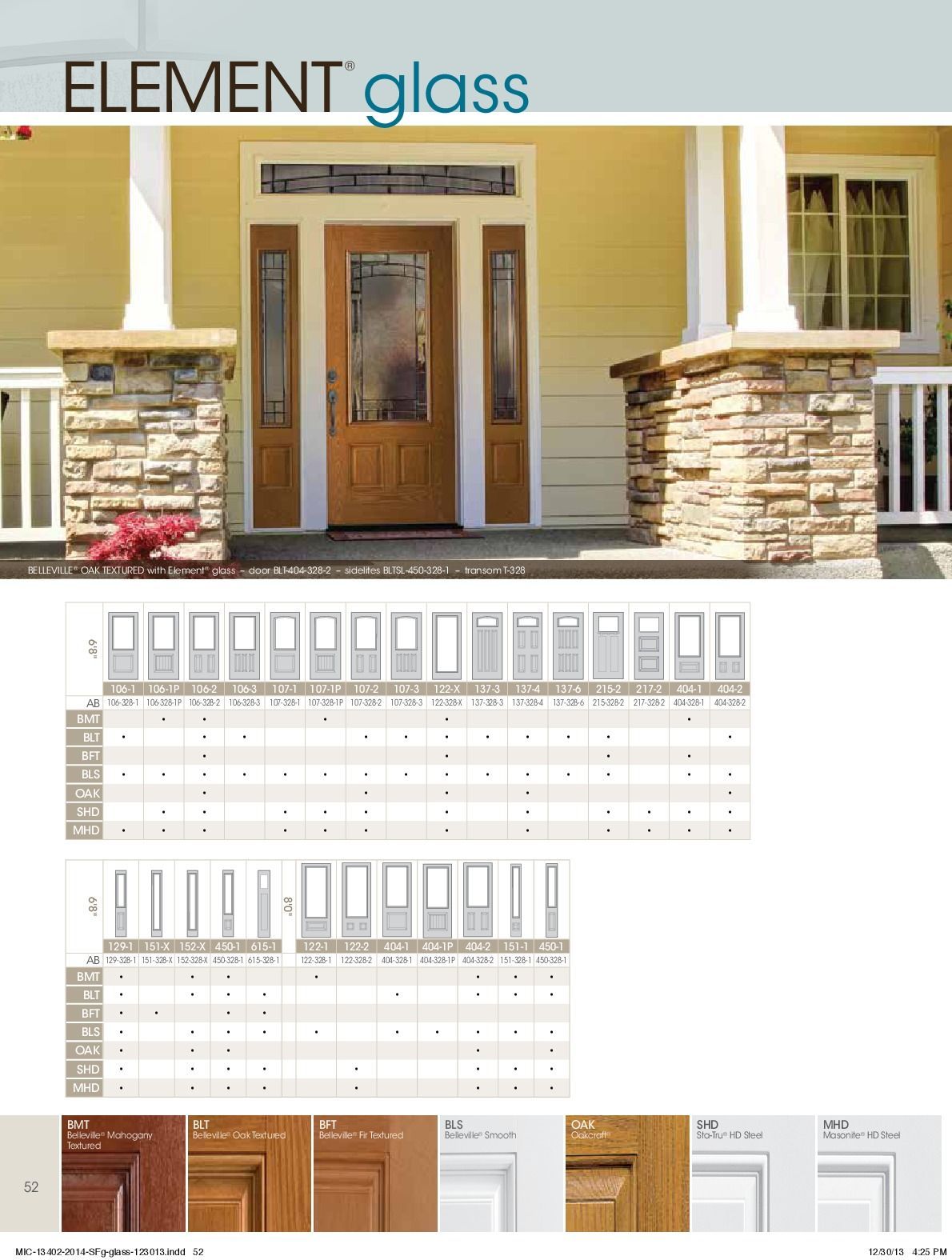 Front door with sidelights, porch with stone pillars, Element Glass catalog layout.