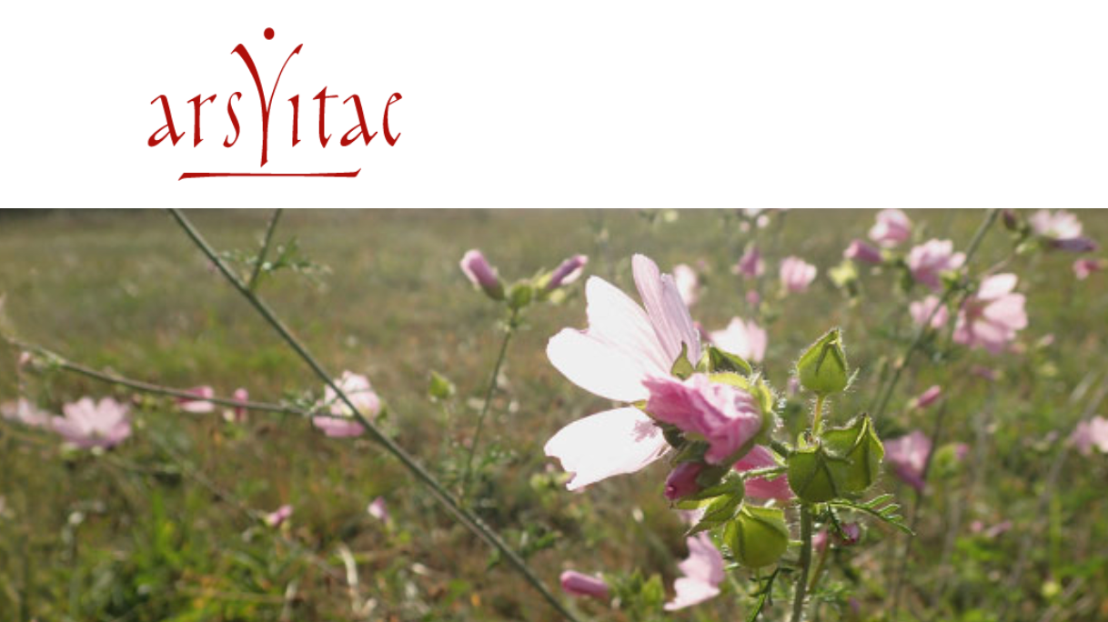 Ein Feld mit rosa Blumen mit dem Arsitac-Logo im Hintergrund
