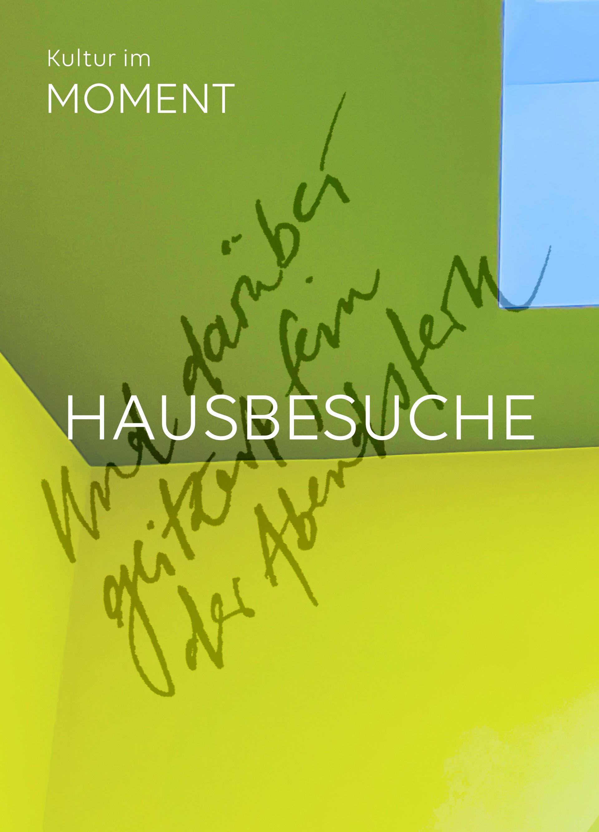 Buchumschlag mit grünen und blauen Blöcken und handgeschriebenen Kritzeleien, betitelt „HAUSBESUCHE“ in weißer Schrift