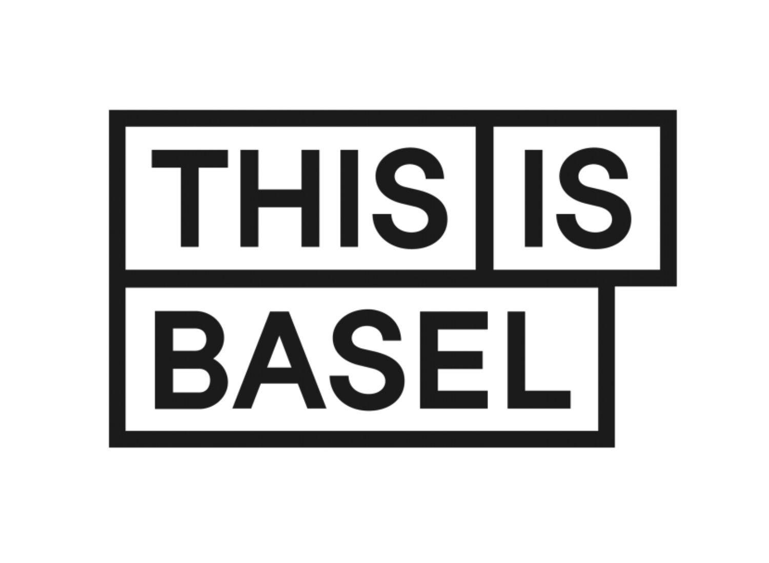 Schwarz-weißes Logo mit der Aufschrift „THIS IS BASEL“ in fettgedruckten Großbuchstaben innerhalb umrandeter Kästchen