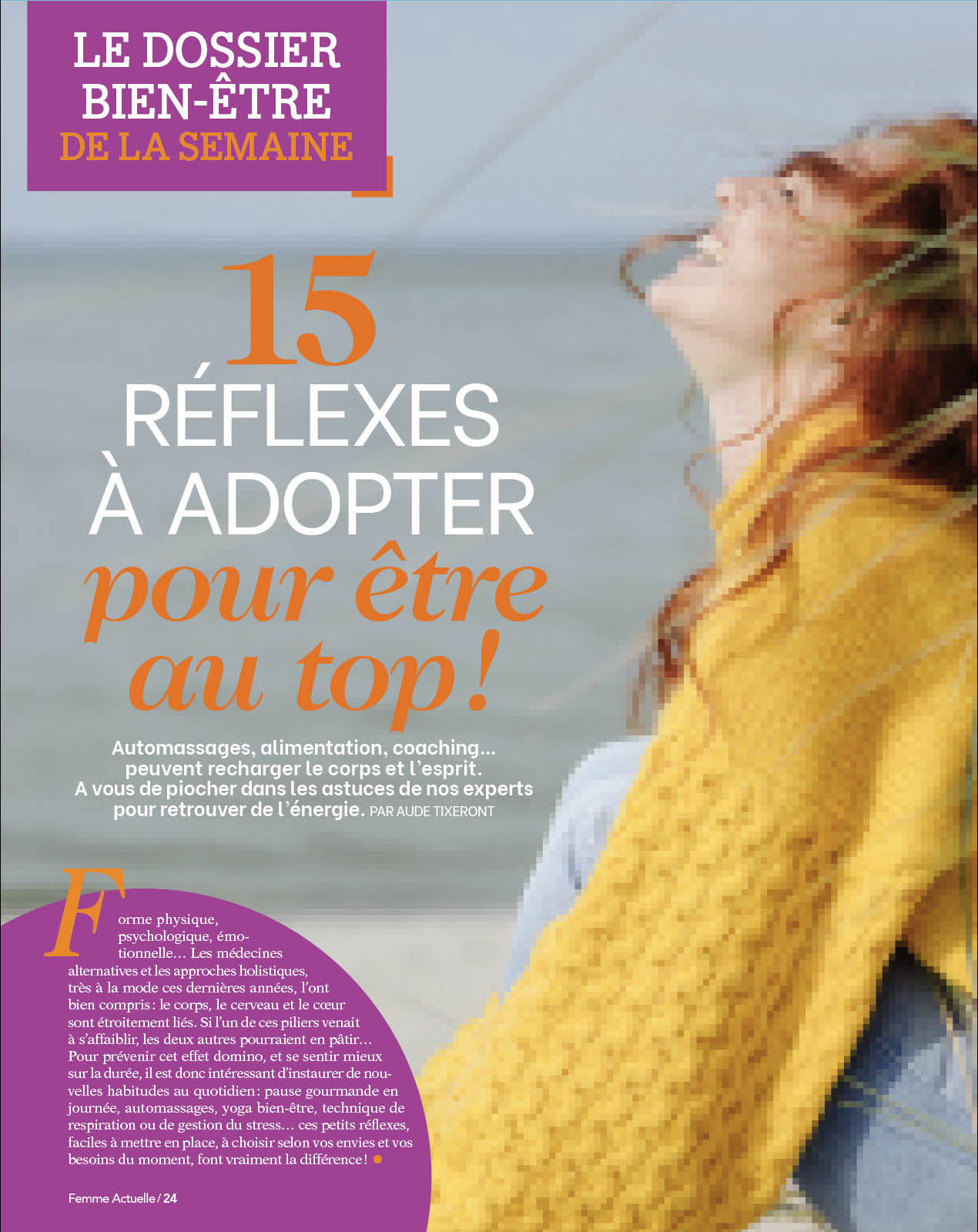 Une femme portant un pull jaune est sur la couverture d'un magazine