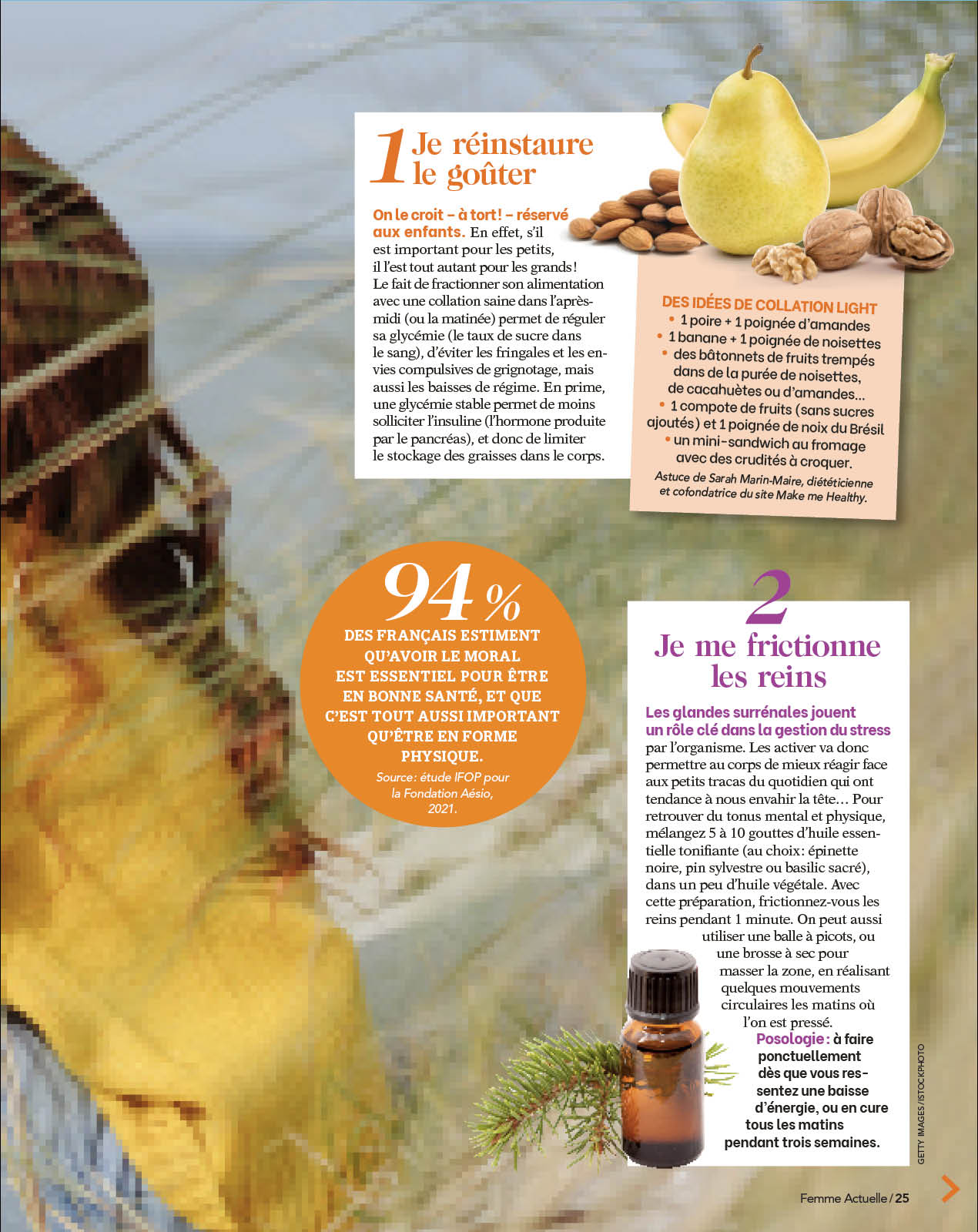 Une page de magazine avec une photo d'une femme et une bouteille d'huile essentielle