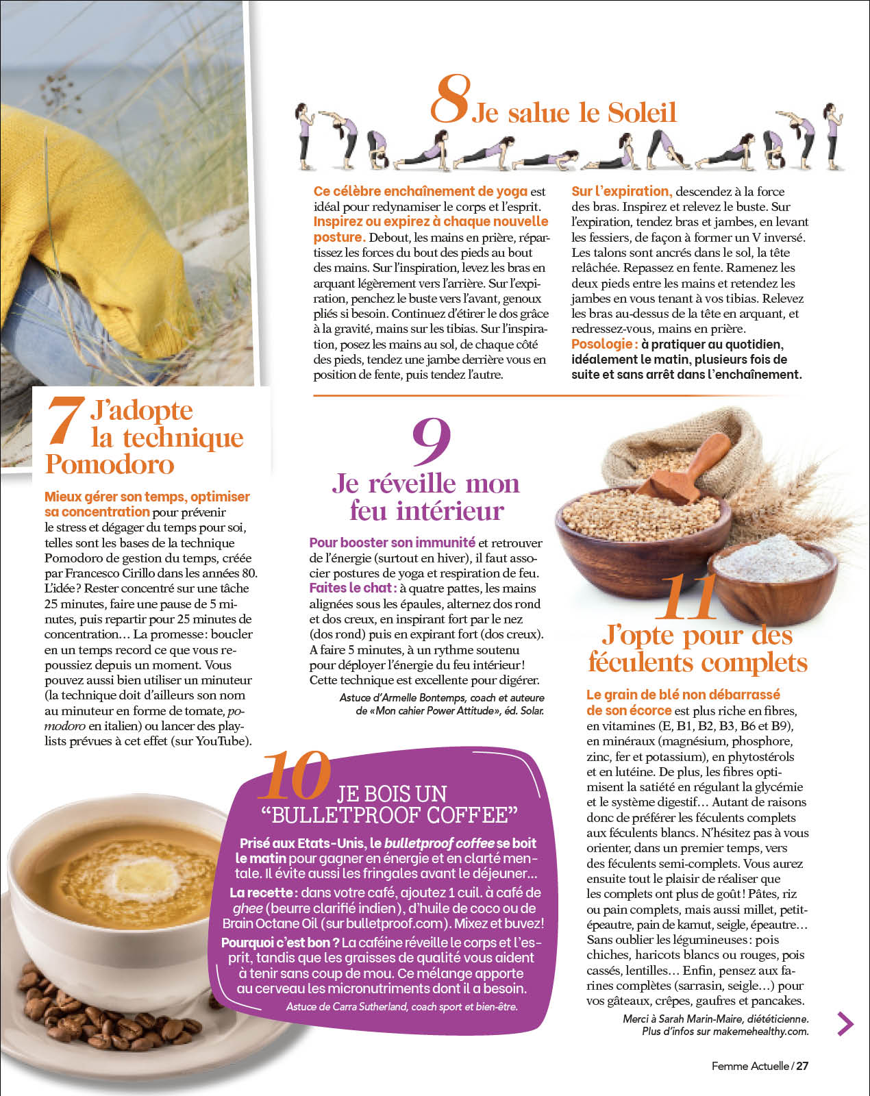 Une page de magazine avec une photo d'une tasse de café et d'un bol de céréales.
