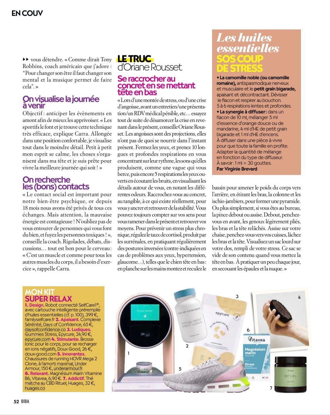Une page d'un magazine avec la photo d'une personne tenant une bouteille.