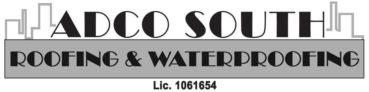 ADCO South Roofing & Waterproofing logo with stylized skyline and license number 1654604