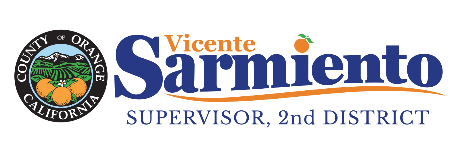 Logo for Vicente Sarmiento, Supervisor, 2nd District, with County of Orange seal and blue-orange text