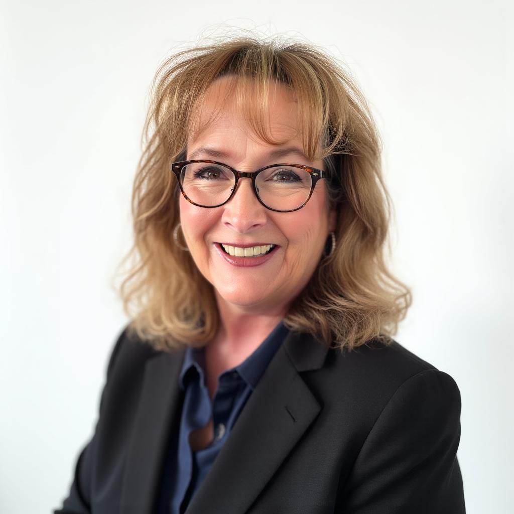 Smiling woman in glasses and black blazer against a white background