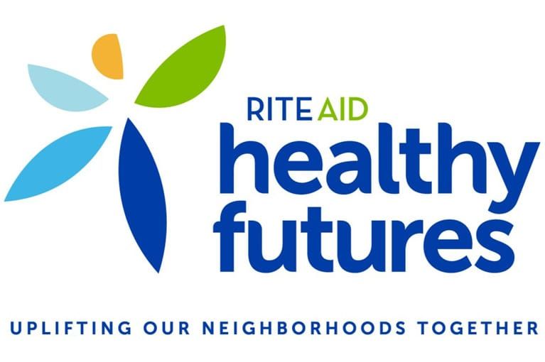 Rite Aid Healthy Futures logo with blue and green flower icon and tagline “Uplifting our neighborhoods together”