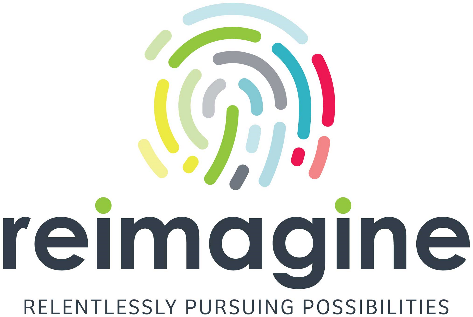 Colorful abstract handprint logo above the word “reimagine” and the tagline “Relentlessly Pursuing Possibilities”