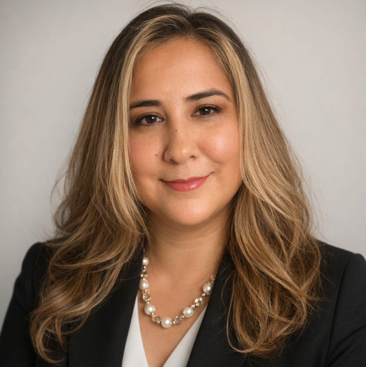 Portrait of a smiling woman with blonde hair in a black blazer and pearl necklace against a gray background