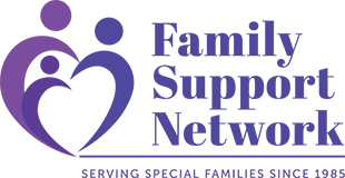 Family Support Network logo with purple heart-shaped figures and text “Serving Special Families Since 1985”