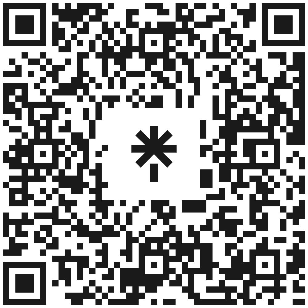 Black-and-white QR code with a star-like symbol in the center