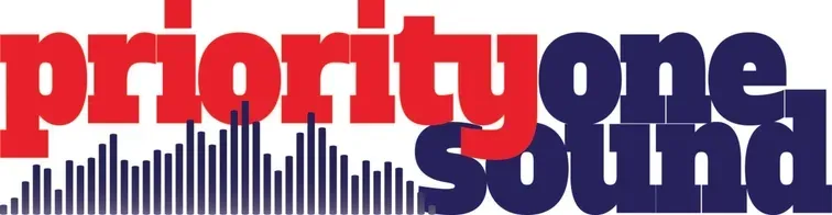 Priority One Sound logo in red and dark blue with a city skyline graphic underneath