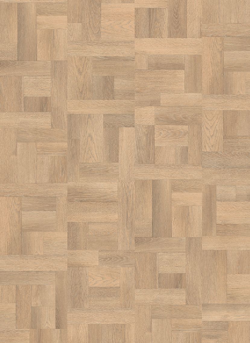Lichtbruine hardhouten vloer met een geometrisch, rechthoekig patroon.